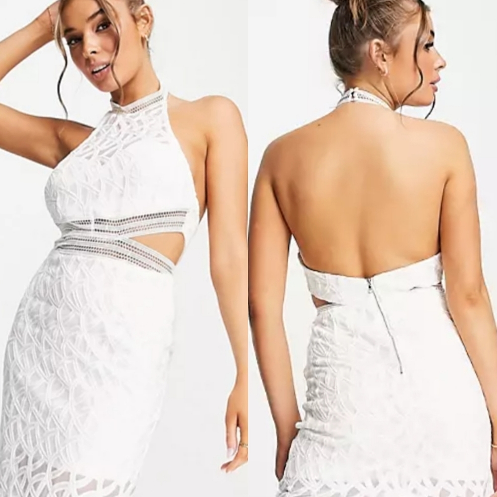 Bardot Ivory Halter Cut-Out Backless Lace Overlay Mini Dress US 6 Slim Fit